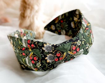 Flat Knot Headband | Liberty London Strawberry Thief William Morris Print, Womens Hair Accessory, Green Turban Hairband
