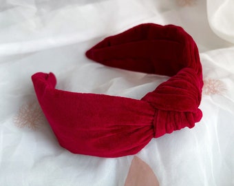 Bandeau avec noeud en velours rouge | Serre-tête luxe fait main, accessoire pour cheveux fête de Noël velours bordeaux, serre-tête tendance