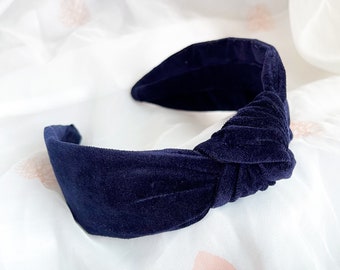 Diadema con nudo de terciopelo azul marino / Diadema de lujo hecha a mano, accesorio para el cabello de terciopelo azul oscuro para fiesta navideña