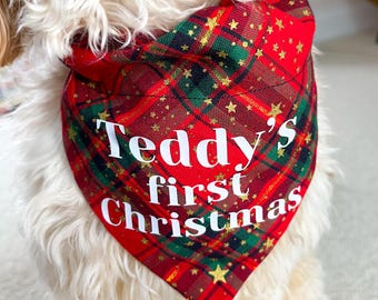 Personalised First Christmas Dog Bandana | Festive Tartan Dog Xmas Gift