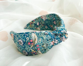 Knot Headband | Liberty London Strawberry Thief William Morris Print, Teal Hairband, Hair Accessory for Women