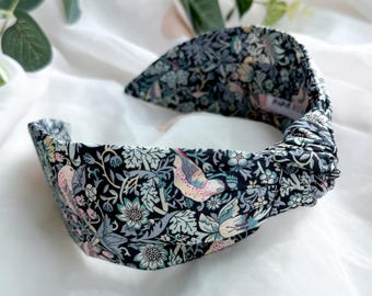 Knot Headband | Liberty London Dark Strawberry Thief William Morris Print, Ladies Hair Accessory, Black Hairband