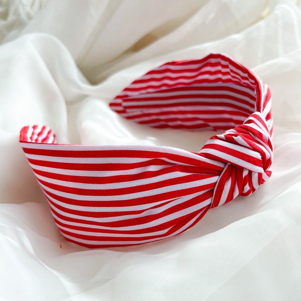 Red and White Stripe Headband | Knotted Headband, Summer Hair Accessory, Top Knot Hairband, Fashion Accessory for Women, Gift for Her