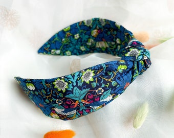 Bandeau noeud | Liberty London Strawberry Thief William Morris Print, accessoire pour cheveux pour femme, bandeau bleu vert
