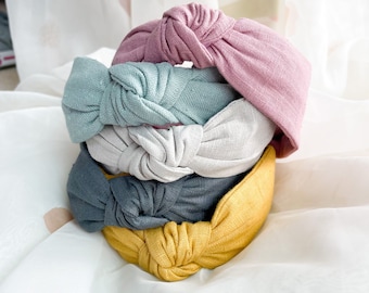Linnen hoofdband met knoop | Haaraccessoire voor dames, geknoopte brede haarband, effen hoofdband voor dames, pastelkleurige hoofdband, stoffen hoofddoek