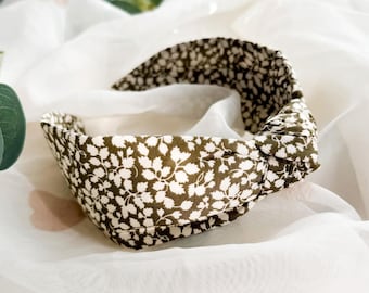 Liberty London Print Knot Headband | Womens Spotty Floral Hairband, Glenjade Q Olive Green Hair Accessory for Women