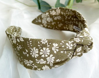 Liberty London Print Knot Headband | Womens Floral Hairband, Capel AC Olive Green Hair Accessory for Women