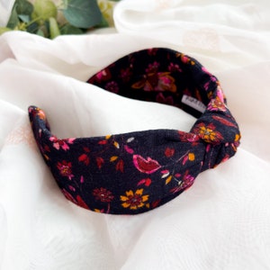 Floral Knotted Hairband | Womens Hair Accessory, Dark Floral Top Knot Headband, Ladies Fashion Accessory