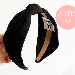 Black Satin Lined Top Knot Hairband | Spotty Knot Headband, Turban Headband, Curly Hair Accessory, Womens Hairband, Gift for Her, Aliceband