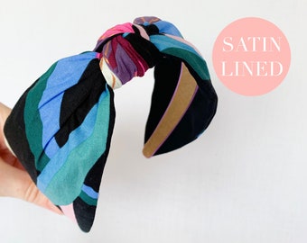 Satin Lined Headband | Turban Headband, Knot Hairband Headwrap, Top Knot Headband, Floral Knotted Band, Black hairband, Gift Idea for her