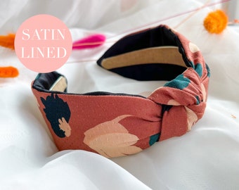 Satin Lined Floral Hairband | Knot Headband, Brown Turban Headband, Hair Accessory Gift for Her, Alice Band