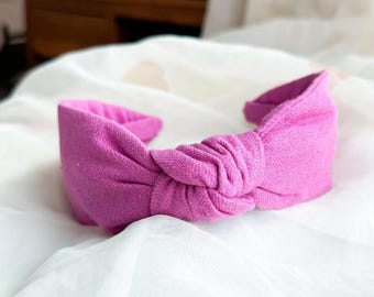 Bright Pink Linen Knot Headband | Womens Linen Hair Accessory, Plain Pink Hairband