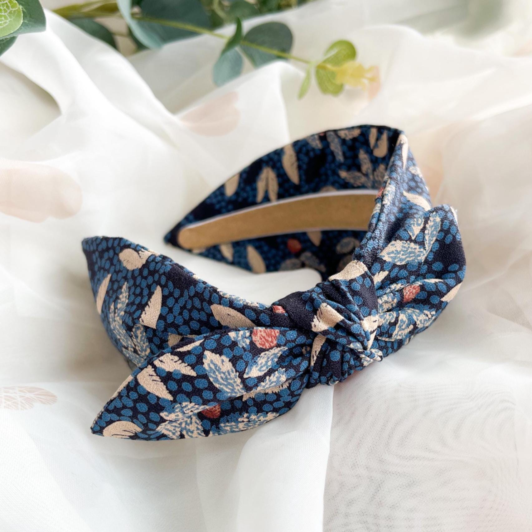 New handmade boutique floral top knot flexible wide headband blue/white Navy Blue Floral Knot Headband | Hair Accessories by Nine  main image 4