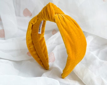 Mustard Yellow Velvet Headband | Luxury Knotted Headband, Handmade Plain Hairband, Christmas Party Fashion