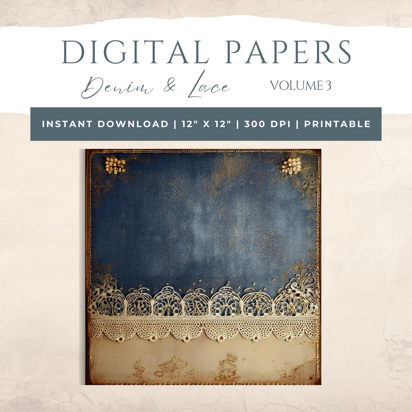 Vintage Denim & Lace Junk Journal - Digital Collage - Scrapbook Paper ...