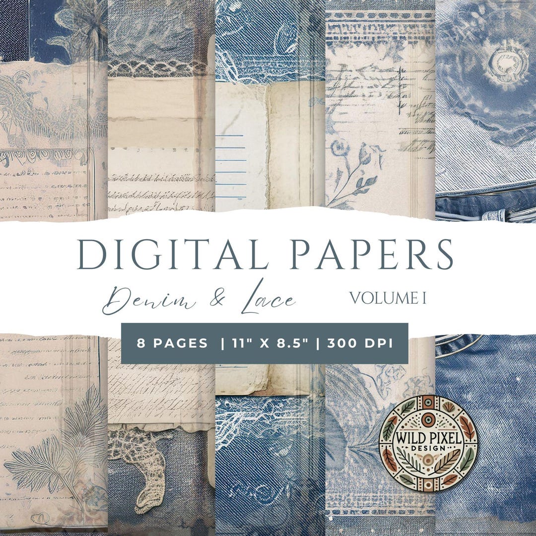 Vintage Denim & Lace Junk Journal - Digital Collage - Scrapbook Paper ...