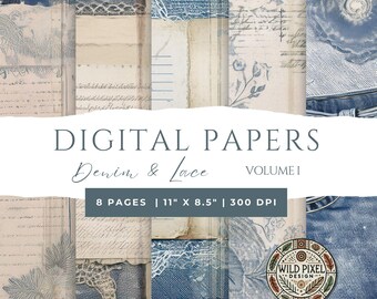 Vintage Denim & Lace Junk Journal - Digital Collage - Scrapbook Paper ...