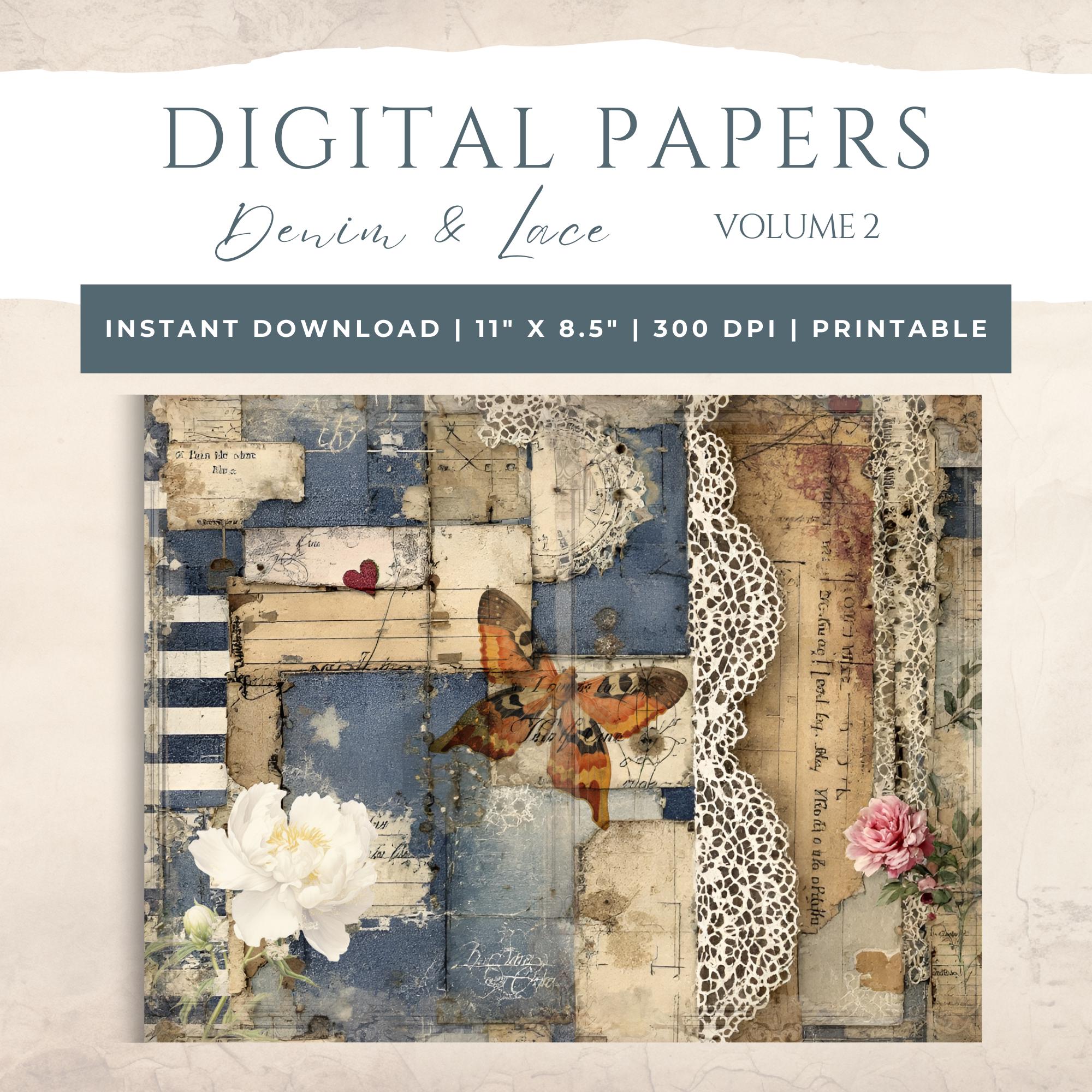 Vintage Denim & Lace Junk Journal - Digital Collage - Scrapbook Paper ...