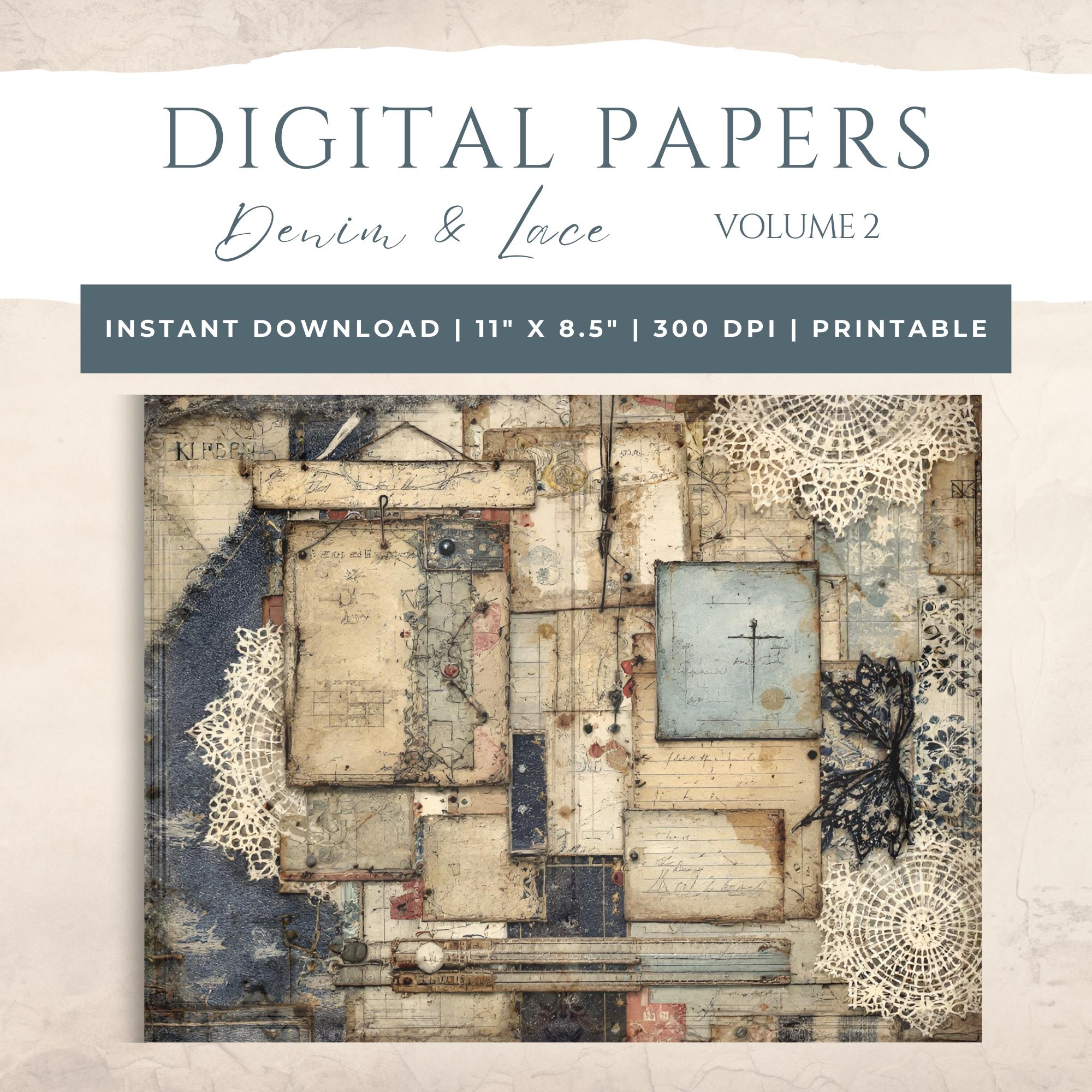 Vintage Denim & Lace Junk Journal - Digital Collage - Scrapbook Paper ...