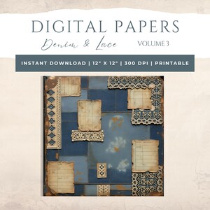 Vintage Denim & Lace Junk Journal - Digital Collage - Scrapbook Paper ...
