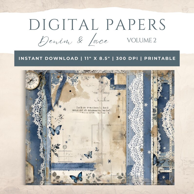 Vintage Denim & Lace Junk Journal - Digital Collage - Scrapbook Paper ...