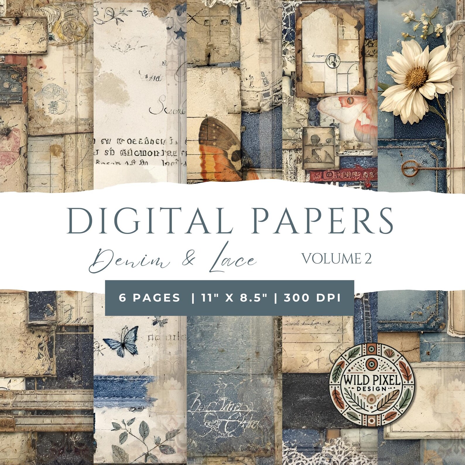 Vintage Denim & Lace Junk Journal - Digital Collage - Scrapbook Paper ...