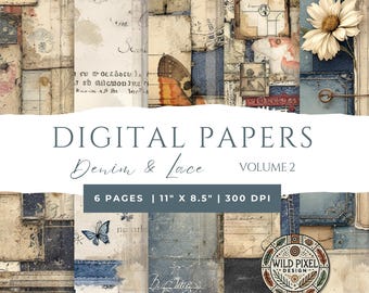 Vintage Denim & Lace Junk Journal - Digital Collage - Scrapbook Paper - Instant Download for Creative Projects - Volume 2