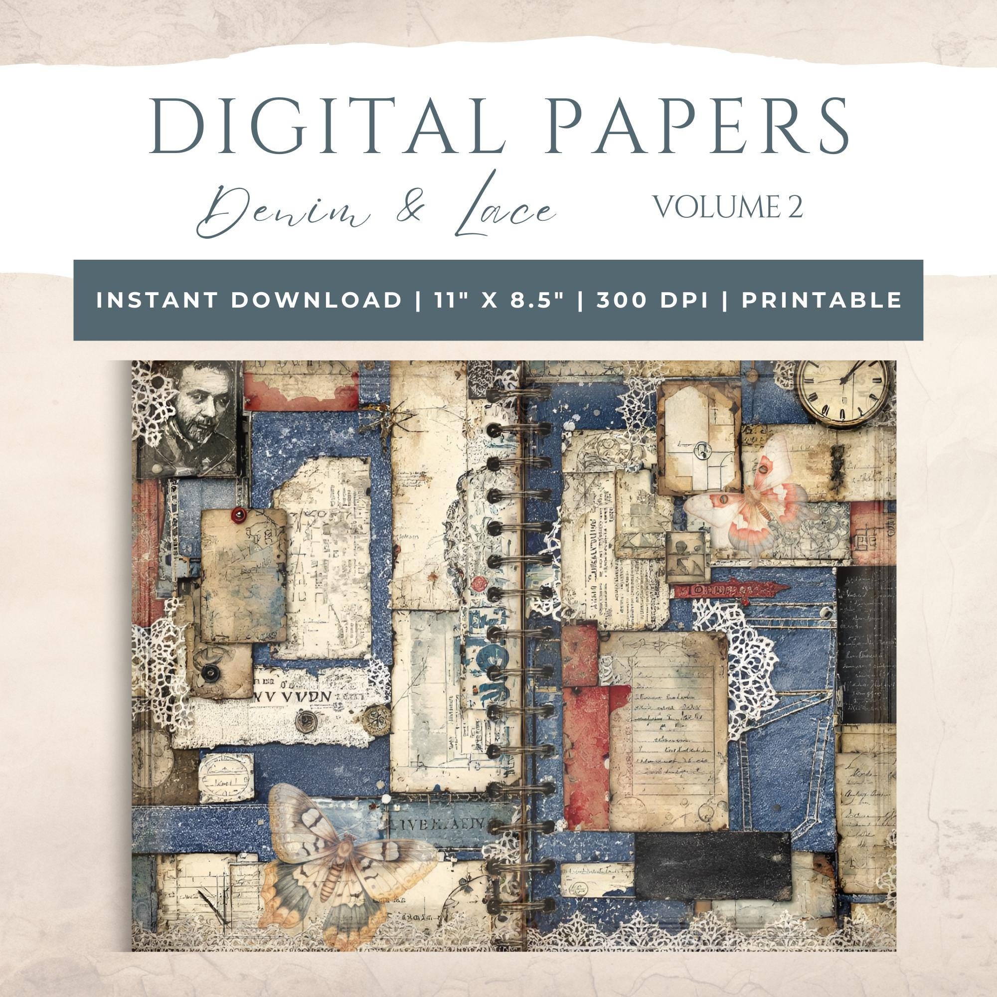 Vintage Denim & Lace Junk Journal - Digital Collage - Scrapbook Paper ...