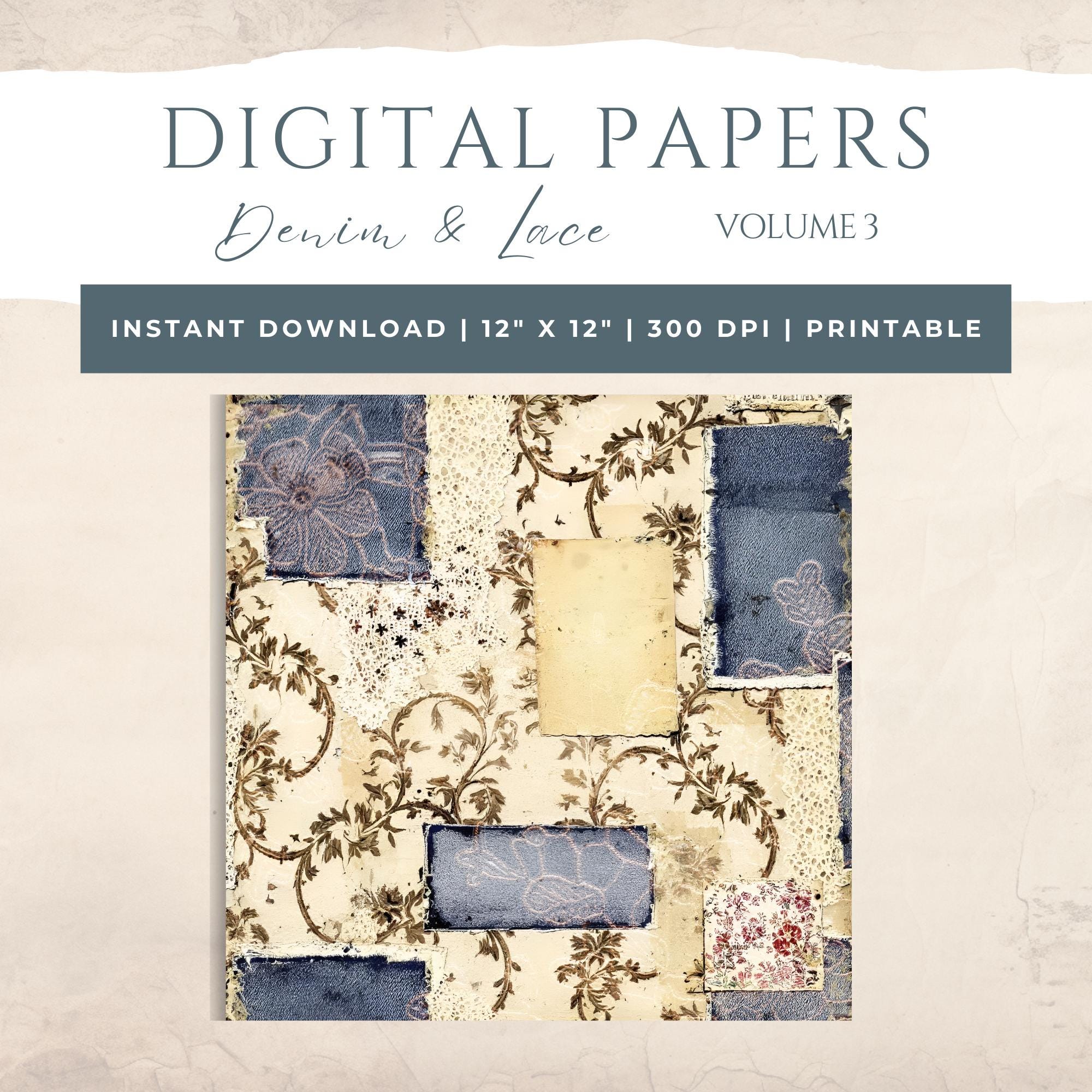 Vintage Denim & Lace Junk Journal - Digital Collage - Scrapbook Paper ...