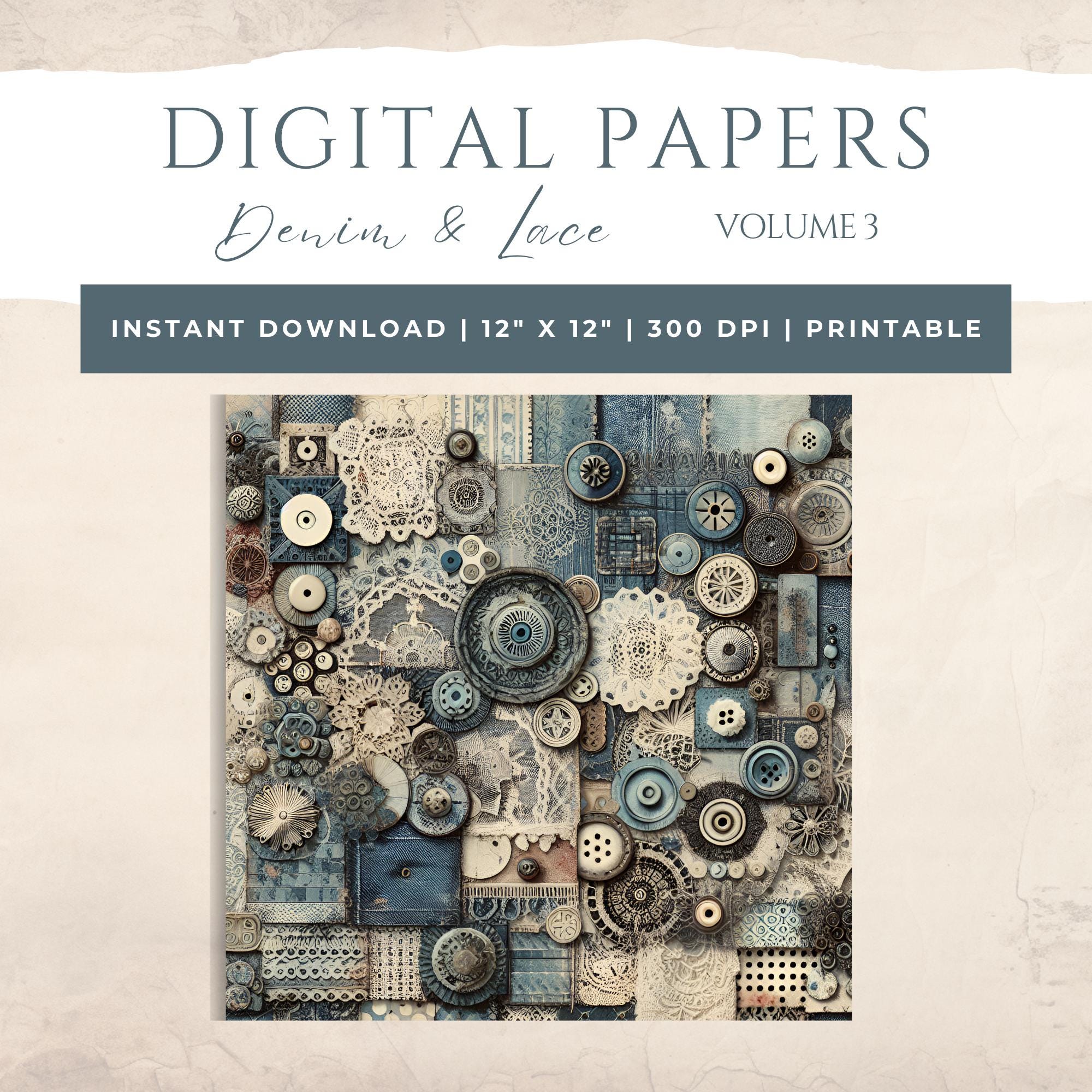 Vintage Denim & Lace Junk Journal - Digital Collage - Scrapbook Paper ...
