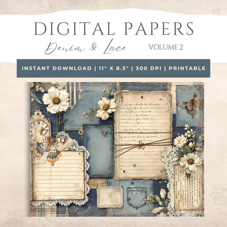 Vintage Denim & Lace Junk Journal - Digital Collage - Scrapbook Paper ...