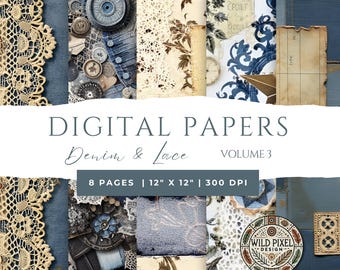 Vintage Denim & Lace Junk Journal - Digital Collage - Scrapbook Paper - 12x12 - Instant Download for Creative Projects - Volume 3