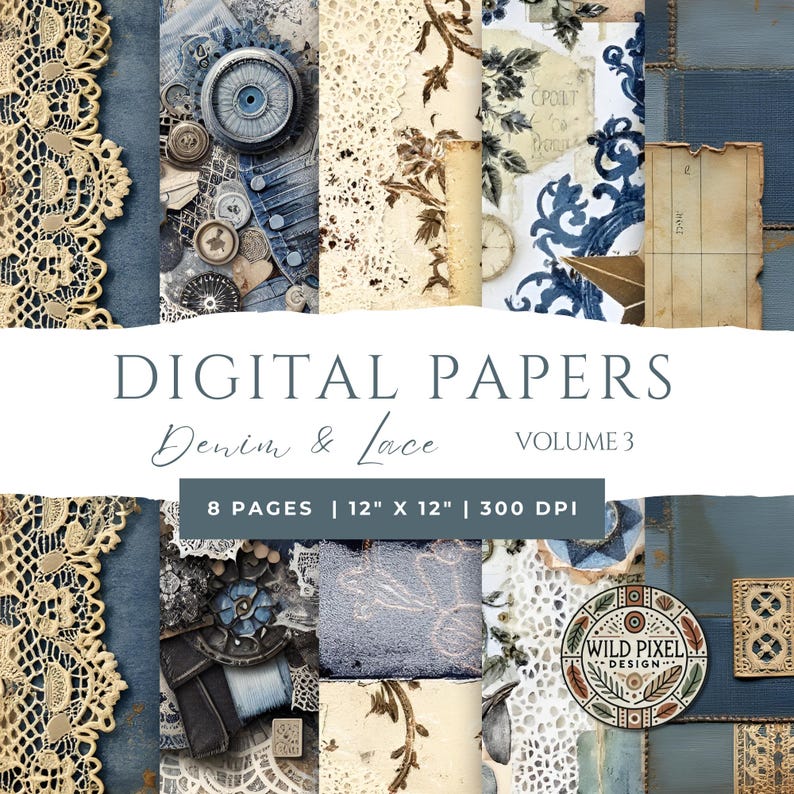 Vintage Denim & Lace Junk Journal - Digital Collage - Scrapbook Paper ...