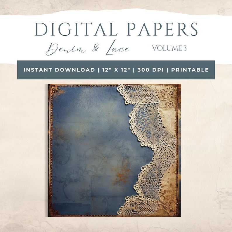 Vintage Denim & Lace Junk Journal - Digital Collage - Scrapbook Paper ...