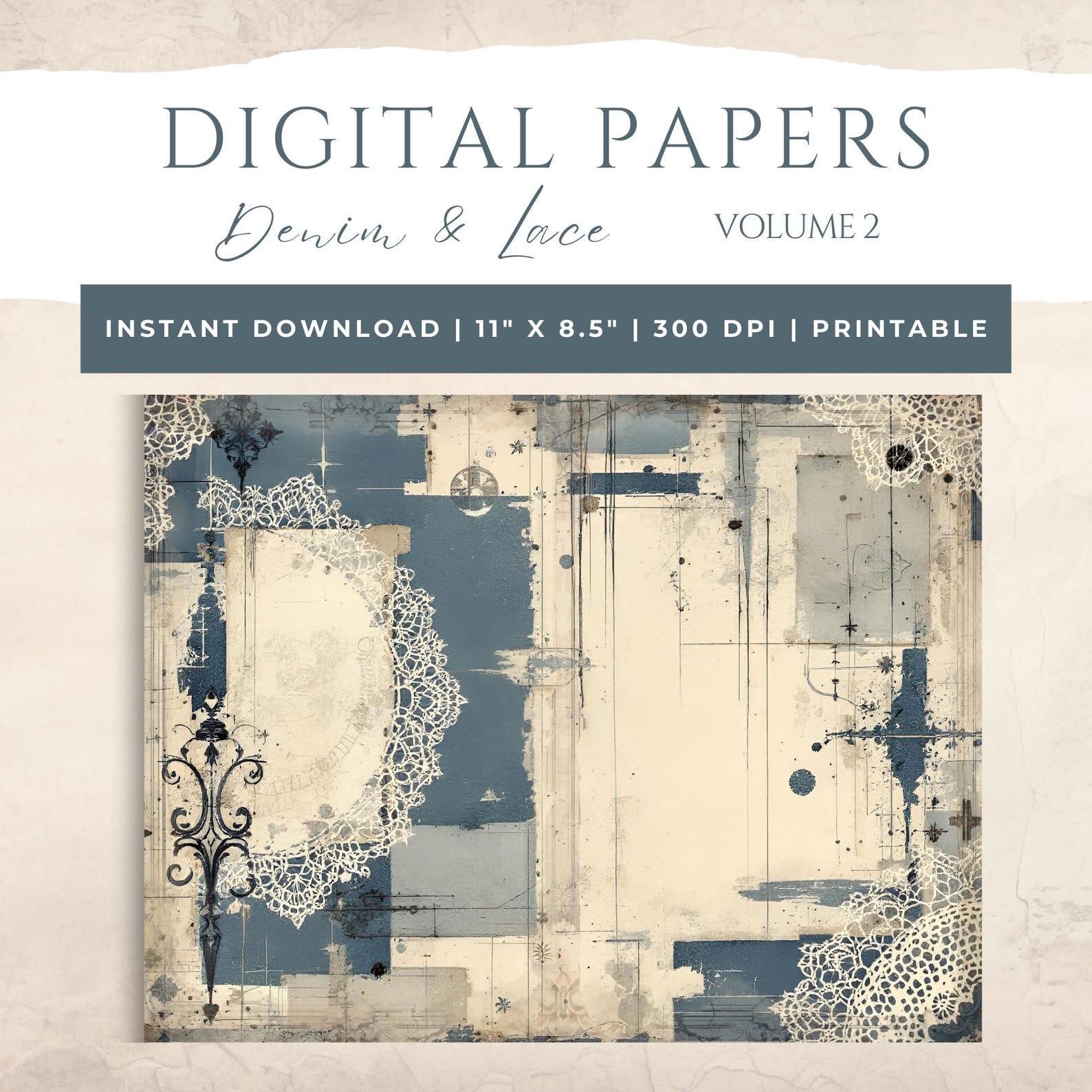 Vintage Denim & Lace Junk Journal - Digital Collage - Scrapbook Paper ...