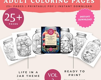 Adult Coloring Pages - Fantasy Coloring Book | Mini Worlds in Jars | Relaxing Printable Coloring Pages PDF - Art Therapy