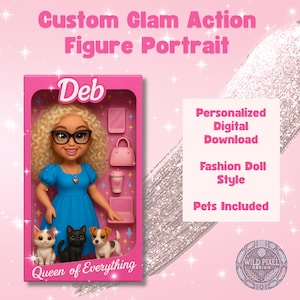 Custom Action Figure Art | Fashion Doll-Style Portrait | Personalized | Digital Download with Pets | Fun Gift for Her | Custom Pet Portrait