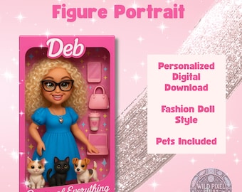 Custom Action Figure Art | Fashion Doll-Style Portrait | Personalized | Digital Download with Pets | Fun Gift for Her | Custom Pet Portrait