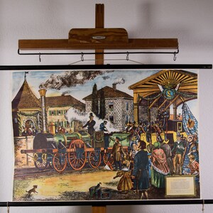 Vintage  Pull Down Chart  The First German Railway Train  School Chart