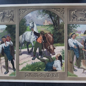 Alter Vintage-Druck auf dickem Papier, Märchen-Schultafel „Hans im Glück“. Beachten Sie, dass Sie nur den Druck kaufen.