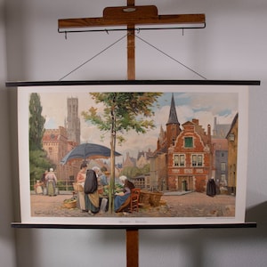 Vintage Old Print on thick Paper Brugge Bruges Belgium Chromolitho School Chart