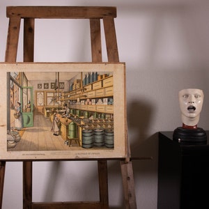 Vintage stary druk na tekturze litografia wykresu szkolnego sklepu spożywczego