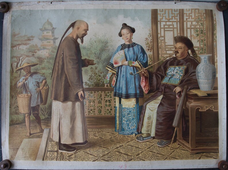 Vintage Old Print On Thick Paper Chinese Family With Cottage Etsy