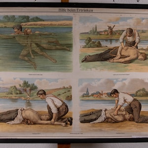 Op de afbeelding: Vintage educatieve poster getiteld "Hilfe beim Ertrinken" (Hulp bij verdrinking). De poster toont vier geïllustreerde stappen voor het redden van een drenkeling, inclusief redding, reanimatie en nazorg. De illustraties zijn in vintage stijl.