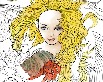 Coral Discoveries, Adult Coloring Page, Mermaid, Fantasy, Instant Download