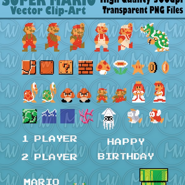 Super Mario Bros 1, Clipart, Mario, Pixels, 8-bit, Vector, SVG, Classic, Game, Art, Digital, Stamp, Scrapbook, Instant Download, Clip art