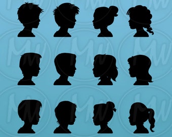 Silhouettes de profil d'enfants, Garçon, Fille, Vector, Art, Enfant, Profils, Silhouette, Clipart, Illustration, Tête, Téléchargement instantané, #06