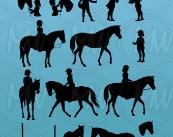 Horse Rider Silhouettes, Girl, Equestrian, Clipart, Graphics, Vector, Silhouette, Horse, Girl, Rider, Instant Download, Digital Stamp, #142