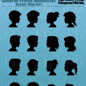 Children Profile Silhouettes, kids, Boy, Girl, Vector, Art, Child, Profiles, Silhouette, Clipart, Illustration, Head, Instant, Download, #06