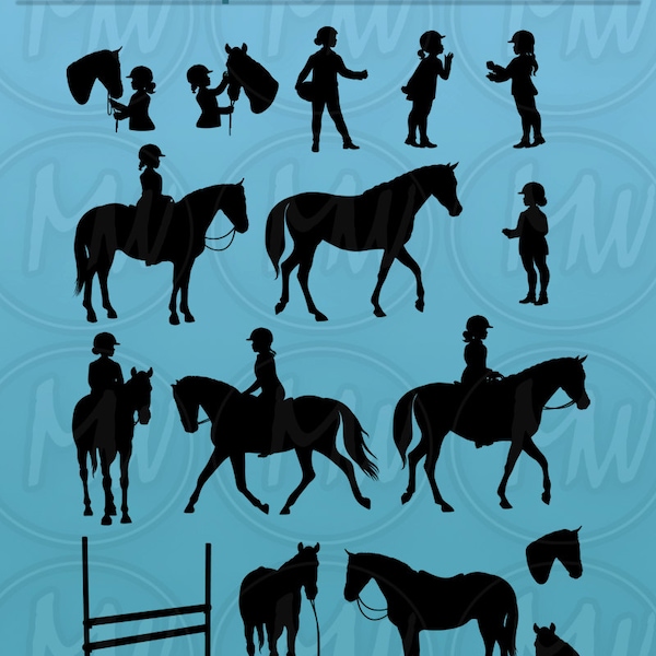 Horse Rider Silhouettes, Girl, Equestrian, Clipart, Graphics, Vector, Silhouette, Horse, Girl, Rider, Instant Download, Digital Stamp, #142